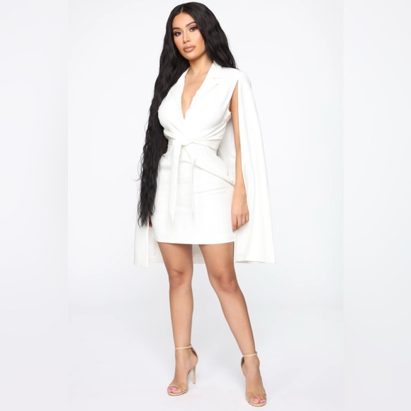 FASHION NOVA On Payroll Blazer Cape Dress White - Picture 3 of 12